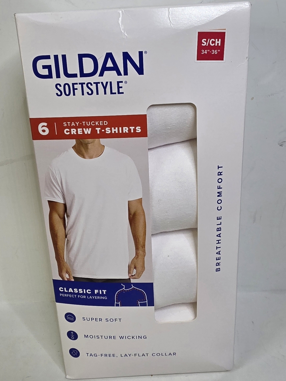 Gildan SoftStyle 6pk White Stay Tucked Crew Tshirts Mens Small